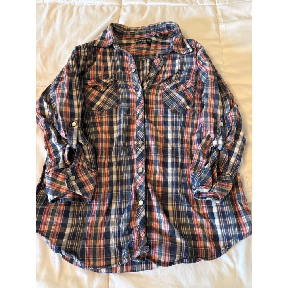 Company One Petite PXL Plaid Button Down Shirt Navy Red Cotton Roll Tab Sleeve